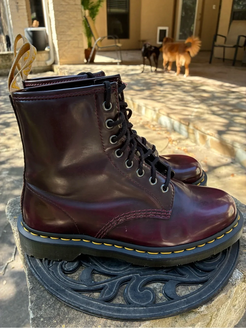 Dr. Martens Men’s 8-Eye Burgundy Leather Combat Boots with Yellow Stitching